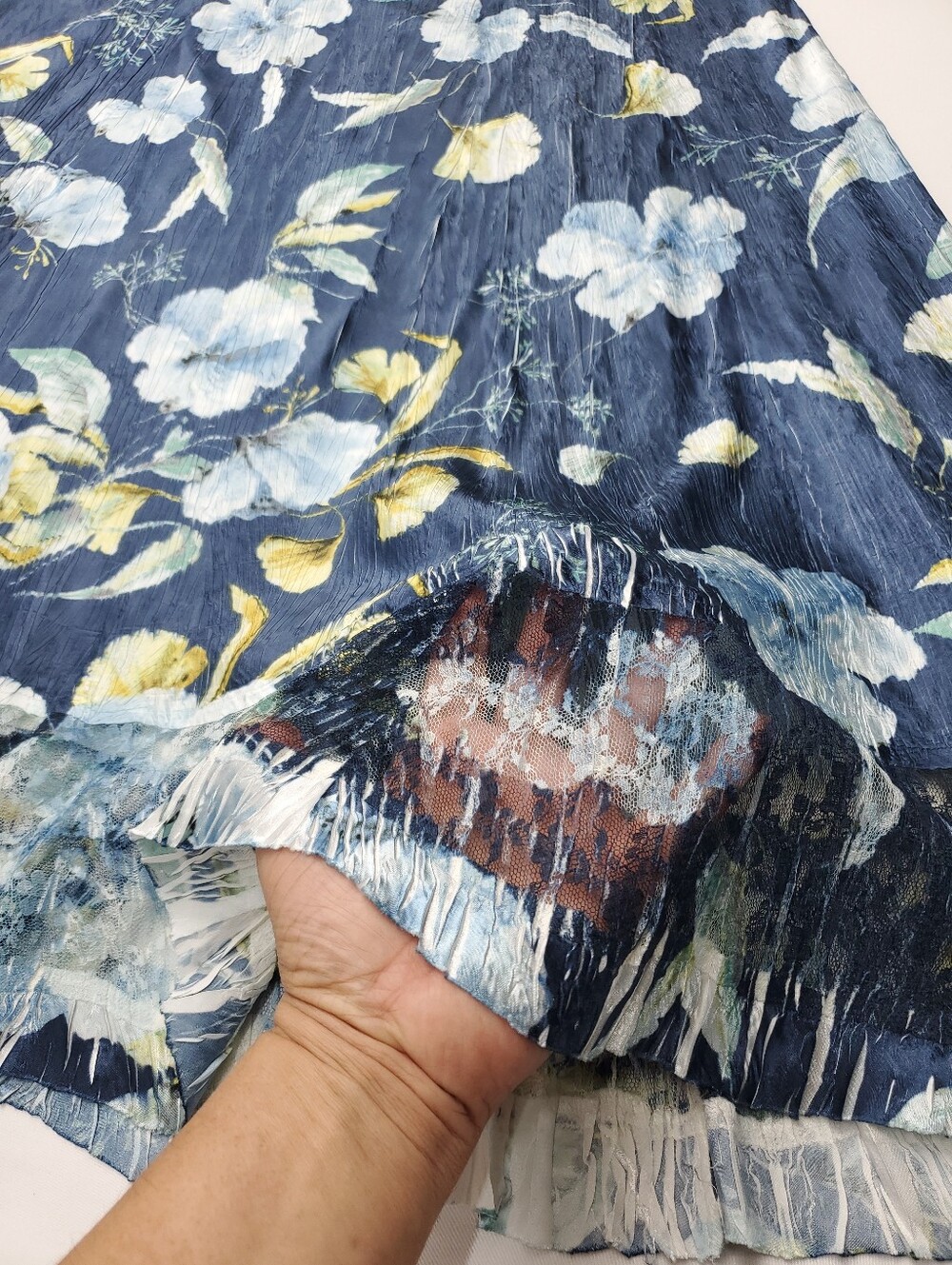 Komarov Lace Sleeve Charmeuse & Chiffon Blue Floral Evening Cocktail Dress PXL - Picture 8 of 14
